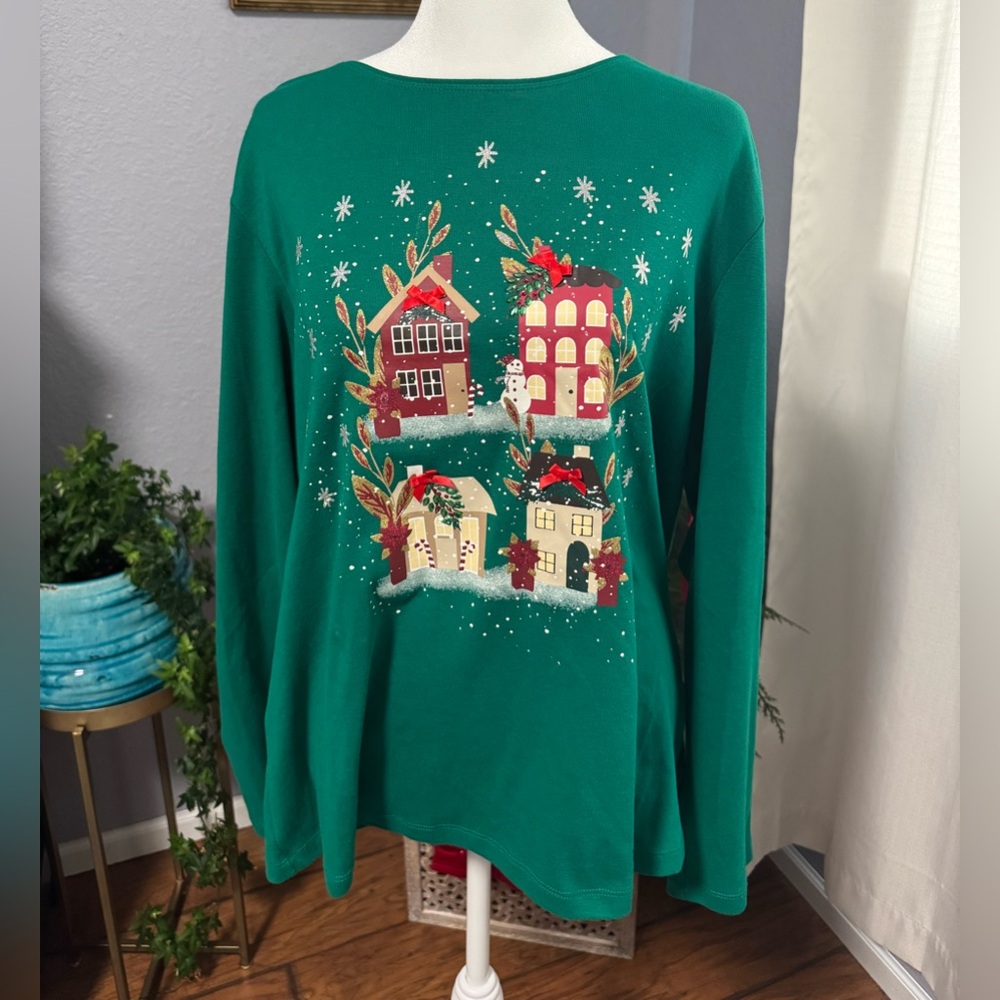 Karen Scott Women's Christmas Holiday Shirt Long Sleeve Emerald Green Size XL